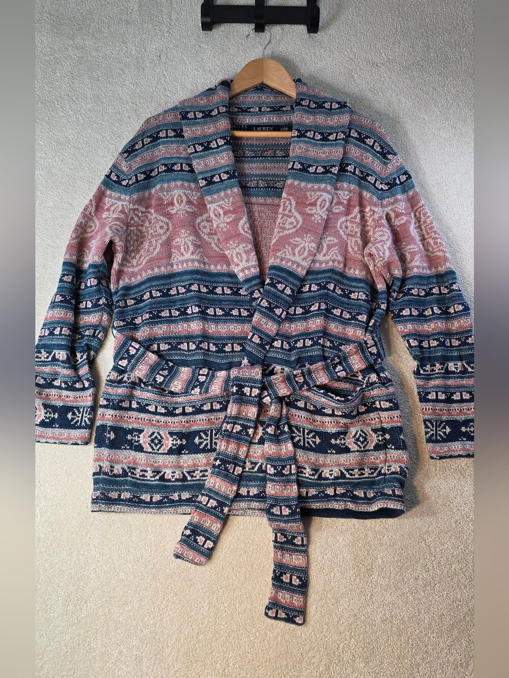 Lauren Ralph Lauren Geo-Motif Belted Linen-Cotton Cardigan Shawl Collar Size PLG